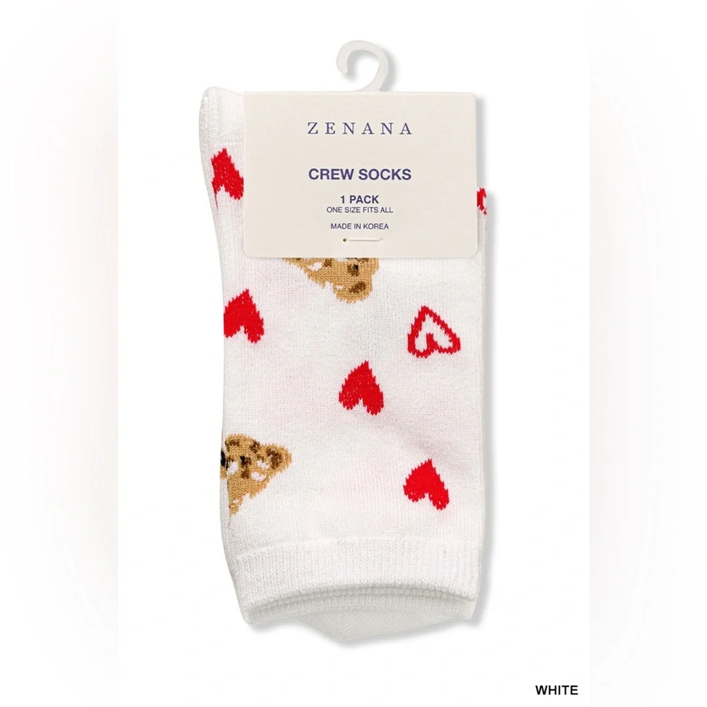 NWT Zenana White & Pink Teddy Bear Heart Crew Socks Cozy Cute Gift One Size